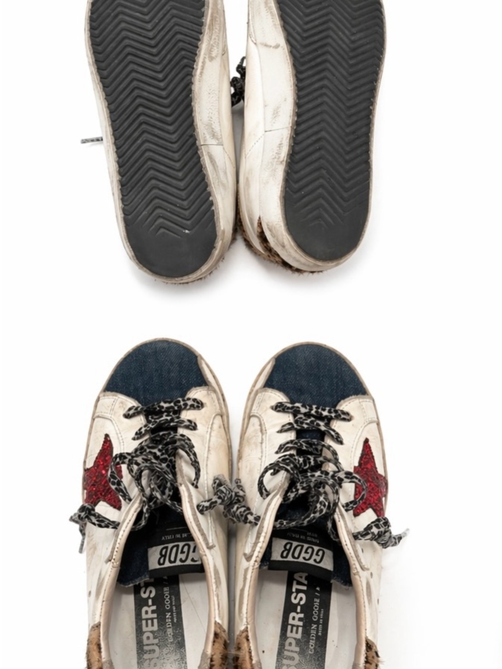 Golden Goose White Leather Sneakers with Red Glitter Star and Blue Toe - Picture 3 of 3